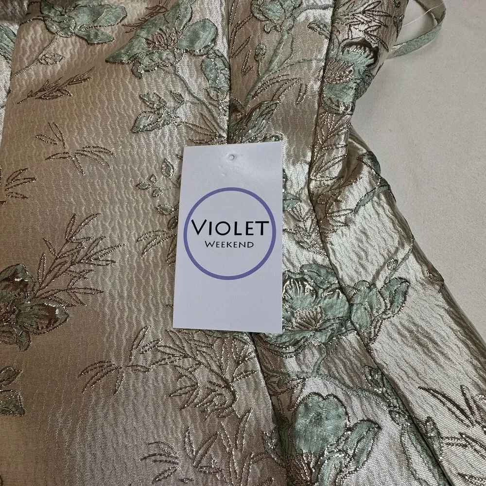 NWT Violet Weekend Floral Jacquard Mini Dress Gold Green Fit Flare Size 7/8